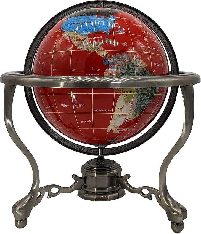 Limited Edition! Unique Art Since 1996 RED Table Top Gemstone World Globe with Tripod Silver Zinc Alloy Stand (220MM/9 INCHES/RED OCEAN)