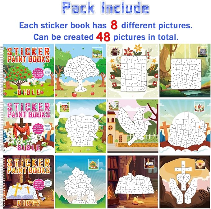 6PCS Bible Paint by Stickers for Kids Ages 4-8 2025 VBS Crafts Sticker by Number Puzzle Activity Book Christian Gift Sunday School DIY Art Kit with Religious Jesus Nativity Tree Noah’s Ark 48 Pictures