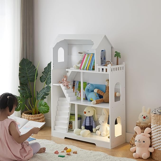 Wooden Dollhouse Bookshelf - Toddler Doll House Bookcase, Extra Space Kids Toy Storage Book Shelf, 3-Tier Children Dollhouse, Pretend Play Toy House, Gift for Girls & Boys Ages 3+