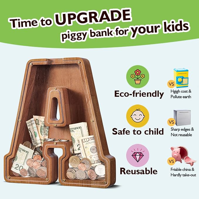 Customized Name Large Wooden Piggy Bank for Kids Boys Girls Alphabets Letter A-Z Coins Bills Money Change Bank Box Initial on Clear Cover (Laser Engraved) (Alphabet-A, Personalized-12)