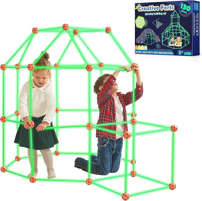 Tiny Land Glow Fort Building Kit for Kids Creative Fort Indoor & Outdoor Construction Toys with 86 Rods and 44 Balls for 5-12 Year Old Boys & Girls STEM Building Toy Gifts with Storage Bag