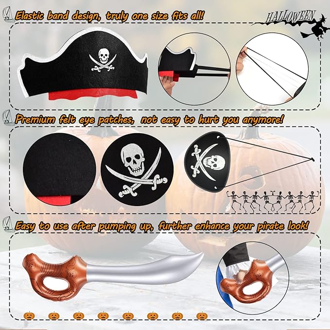 Legigo 36 Pcs Funny Pirate Party Set- Include 12 Pirate Hats, 12 Eye Patches, 12 Inflatable Swords for Pirate Party Cosplay Caribbean Dress Accessories