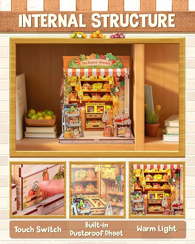 CUTEBEE Book Nook Kit - DIY Miniature House Dollhouse Kit for Adult and Teens, Booknook Bookshelf Decor with LED Light, Gifts for Family and Friends (The Greens’ Grocery)