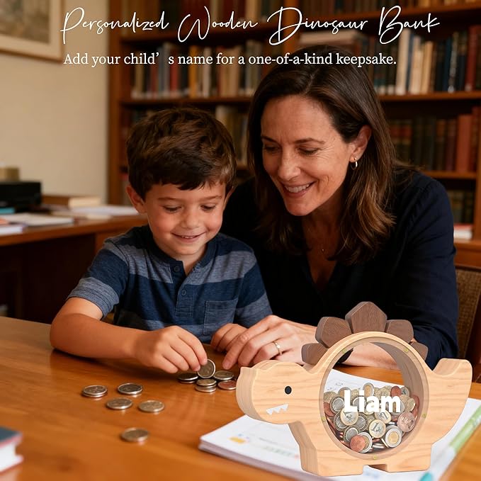 Personalized Wooden Piggy Bank for Kids, Custom Name Cute Wood Bank Large for Boys Initial Coin Bank Personalized Dinosaur Piggy Bank Wood Money Save Box for Birthday Christmas and Festival
