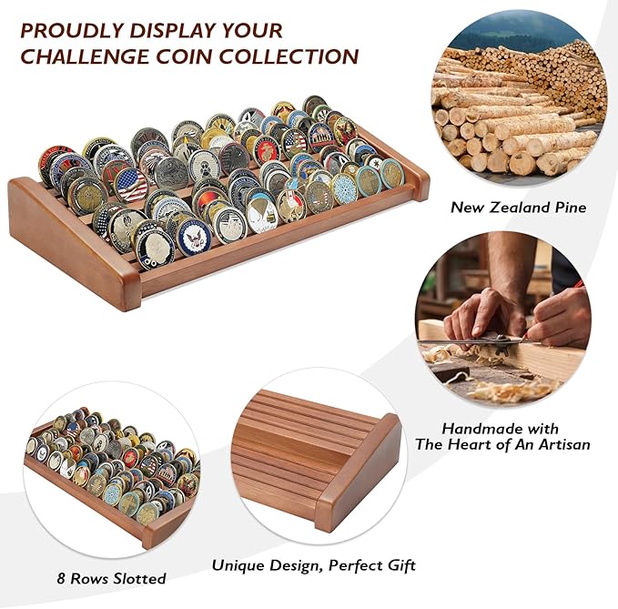 8 Rows Solid Wood Challenge Coin Display Stand - Military Holder for Up to 60-70 Coins - Ideal Rack for Army Navy Marine Corps Law Enforcement Collectors, Walnut Finish