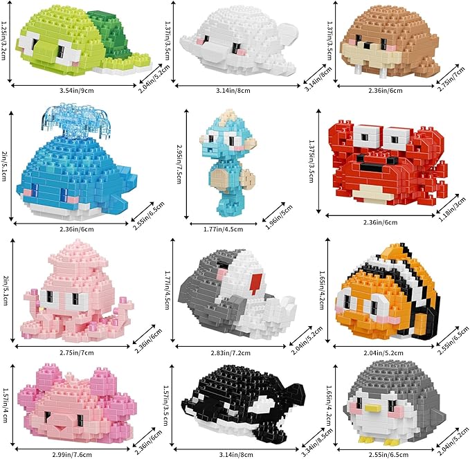 Small Toy Gift,Party Favors for Kids,12 Boxes Marine Animals Micro Mini Building Blocks Set, Birthday Gift for Kids Ages 8-16+