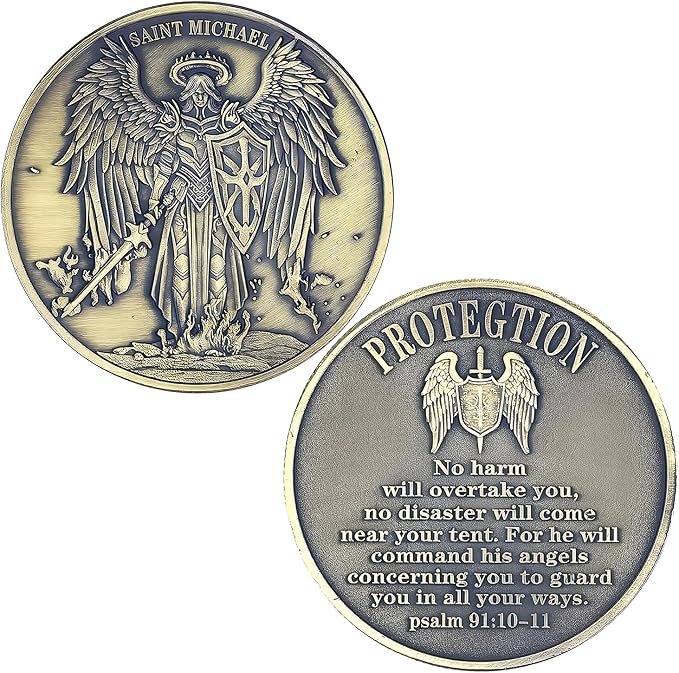 The Archangel Michael Challenge Coin Religious Coin Christian Collectible Psalm 91:10-11 (Single Coin)