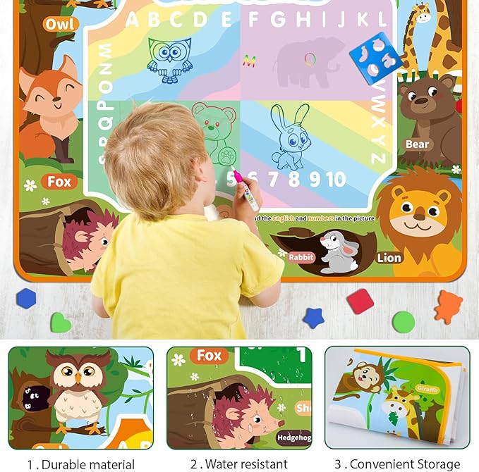 Water Doodle Mat Kids Mess Free Coloring for Toddlers 3 4 5 6 7 8 9 Years, 19 Pack Educational Toys, Doodle Mat with Magic Water Pens