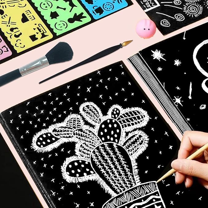 ZOCONE Scratch Paper Art Set, 30 Sheets 8x11in Black Coated Scratchboard Large Scratch Paper with Wooden Styluses and Stencils, DIY Scratch Painting Art Paper for Kids Adults Birthday Christmas Gift