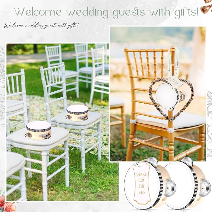24 Set 6 Inch Tambourine for Adults Wooden Hand Held Drum with Metal Jingles, Gift Tags, White I Love You Printed Ribbon Percussion Gift Musical Instrument for Church Wedding Party Favor