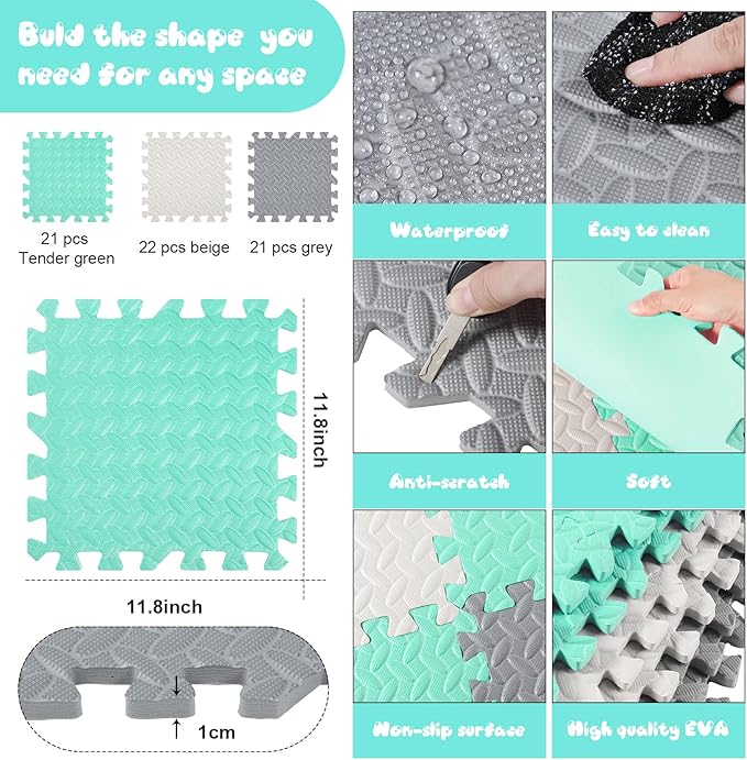 Shihanee Foam Floor Baby Tiles Foam Floor Mats Play Mats Bulk with Borders Interlocking for Kids Baby Playroom Nursery Gym (White, Gray, Green,64ft)