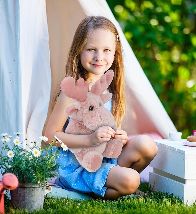 DolliBu Baby Pink Moose Stuffed Animal - Super Soft Stuffed Animals for Girls and Boys, Adorable Stuffed Wild Creatures for Kids and Cute Wild Animals Cuddle Stuffed Animals for Adults - 8.5 Inches