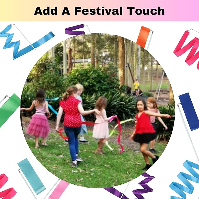 Ribbon Dancing Wands 10pcs Pack, Party Favor for Girls Birthday Favor Bags, Indoor Outdoor Kids Party Games, Gymnastic Party Gifts (Mixed Color with White handle, 10pcs Set)