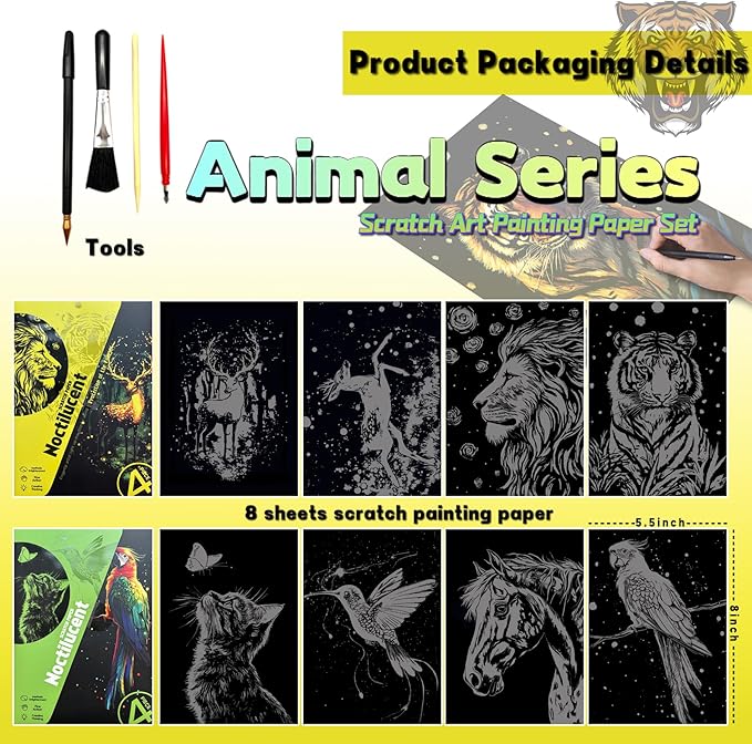 Scratch Paper Art for Adults-Glow in The Dark Scratch Painting Craft Kit (8 Sheets A5)|DIY Foil Engraving Art Set|Stress Relief Gift for Craft Lovers|Creative Scratch Art Home Decor(Animal Series)
