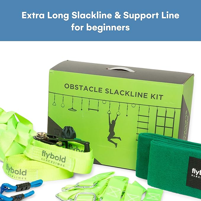 Flybold Slackline Obstacle Course for Kids - Ninja Warrior Training Kit with 8 Adjustable Obstacles, Twin Gear Ratchet, Outdoor Ninja Course for Kids - 40 ft Line Stainless Steel with Tree Protectors