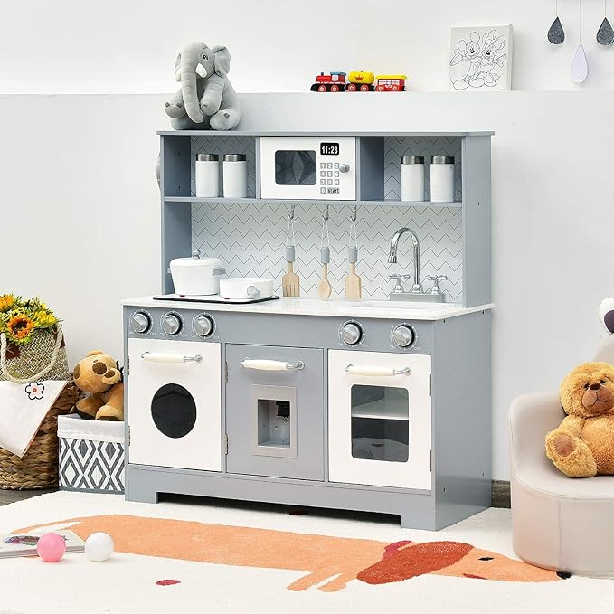 Costzon Kids Kitchen Playset, Wooden Pretend Cooking Playset w/Stove, Fridge, Microwave, Removable Sink, Water Dispenser w/Light Sound, Cabinets, Great Gift for Boys Girls
