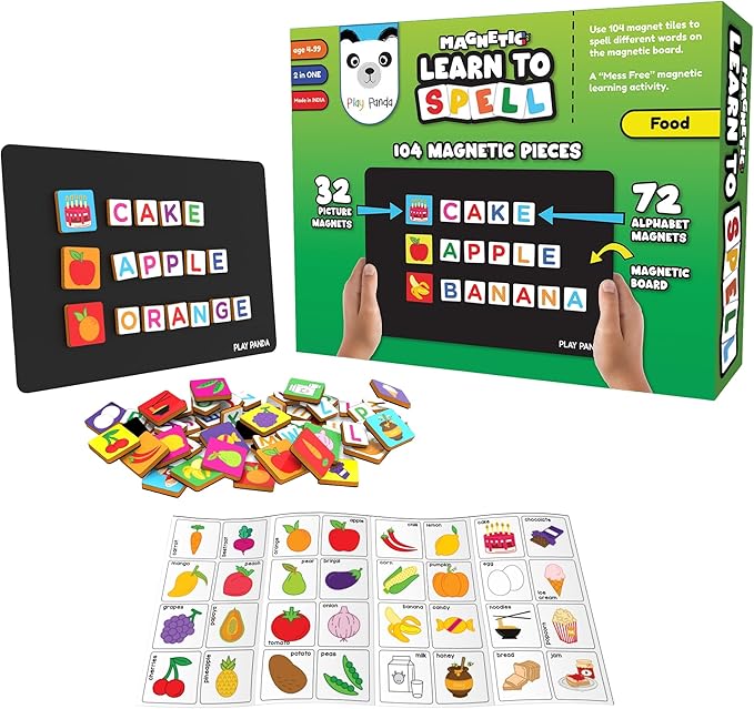 Magnetic Educational Toys for Kids Aged 3 4 5 6 – Learn to Spell Foods| 104 Magnet Pieces – 32 Picture & 72 Letter with Magnetic Board & Spelling Game Guide | Preschool Learning Toy for Girls & Boys
