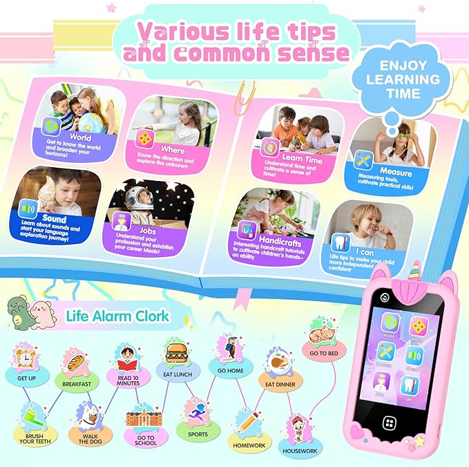 Kids Smart Phone for Girls, Kids Toys Cell Phone 2.8" Touchscreen Toddler Learning Play Toy Phone with Dual Camera, Game, Music Player, 8GB Card Birthday Gifts for Girls Boy Age 4-12(Pink)