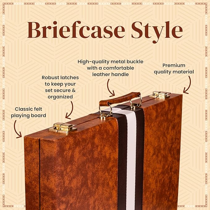 Backgammon Sets for Adults with Premium Leather Case | Classic Travel Backgammon Set for Adults and Kids with Strategy & Guide | 15 Inches | Medium | Brown