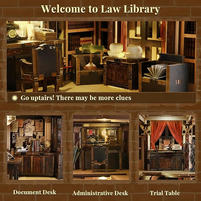 DIY Book Nook Kit for Adults and Teens, Miniature Dollhouse Booknook Kit, 3D Wooden Puzzle Booknook Bookshelf Bookcase Model Build Kit Decor Alley with LED Light (Law Library)
