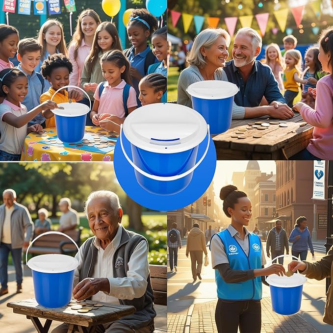 Plastic coin collection Bucket with removable lid and handle charity donation collection money box pail for fundraising with top slot for tickets raffles and money 7.5"Hx8.3"Diameter(Dark Blue) 4 pack