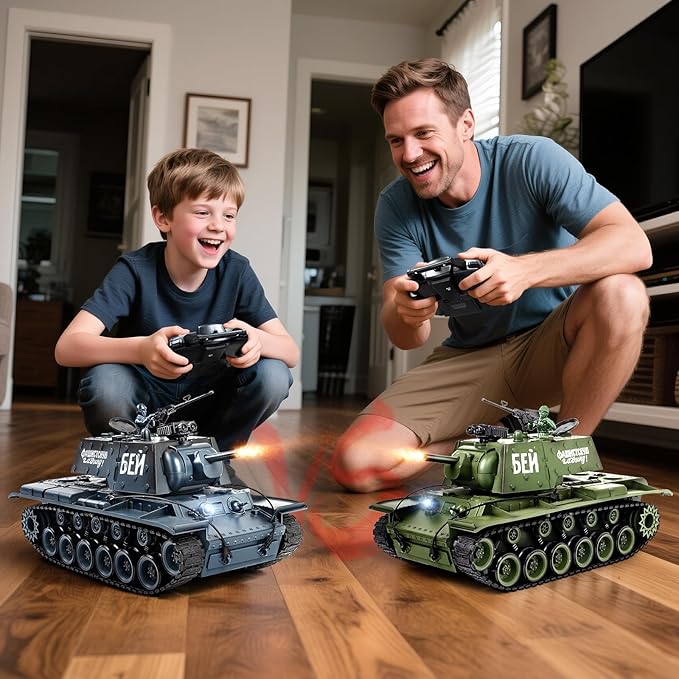 1:18 remote control Tank, 2.4Ghz Soviet Union KV1 RC Tank Model Toys, 15 Channel Battle Army Toy with Smoke, Light and Sound, Military RC Vehicle for Adult and Kid that Shoot BBS and Water Bomb