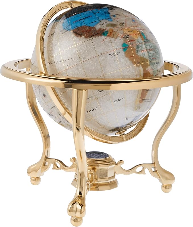 Uniquea Art 13-Inch Tall Pearl Ocean Table Top Gemstone World Globe with Gold Tripod