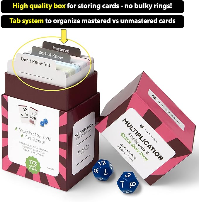 Think Tank Scholar 173 Multiplication Flash Cards + 2 Math Dice (Award Winning) All Facts 0-12 Answer on Back, for Kids in 2ND, 3RD, 4TH, 5TH, 6TH Grade Class or Homeschool - Games & Chart