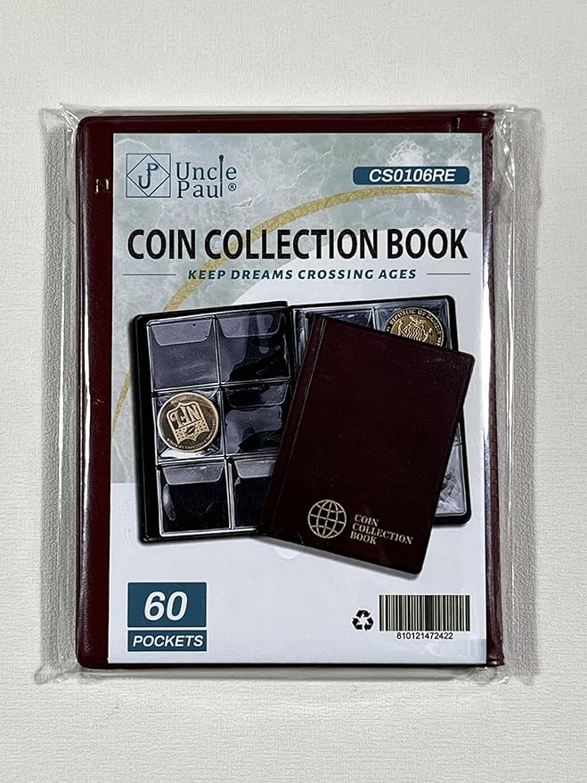 Coin Collection Album - Coin Holder Book Coin Storage Album Money Penny Pocket for Collectors CS01 (Red, Pocket Size 45x45mm/1.8x1.8 in[60 Pockets])