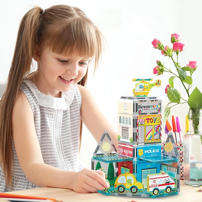 PicassoTiles Magnet Tile Building Blocks Metro City Themed Playset with 8 Character Action Figures Magnetic Tiles STEM Learning Early Education Toy Construction Set Toddlers Boys Girls Ages 3+ PTQ24