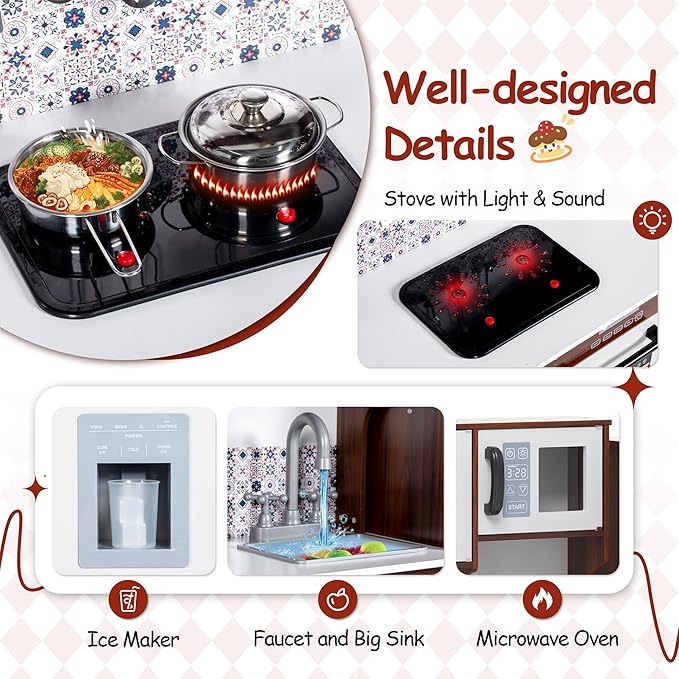 2-Piece Kids Kitchen Playset, Wooden Play Kitchen Set for Toddlers, Modular Pretend Play Kitchen w/Light&Sound Stove Oven, Large Kitchen Cooking Toy w/Refrigerator, Gift for Girls Boys