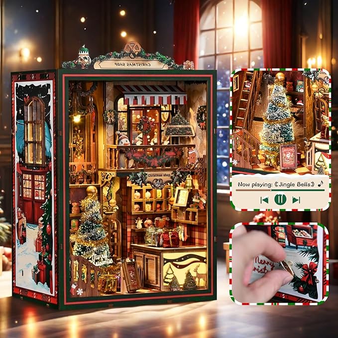 Christmas Shop,Book Nook Kit for Adults: Wooden 3D Puzzle DIY Miniature House Kit Tiny House with Lights and Music，Dollhouse Craft for Adults, Teens & Beginners，Gift for Family, Friends