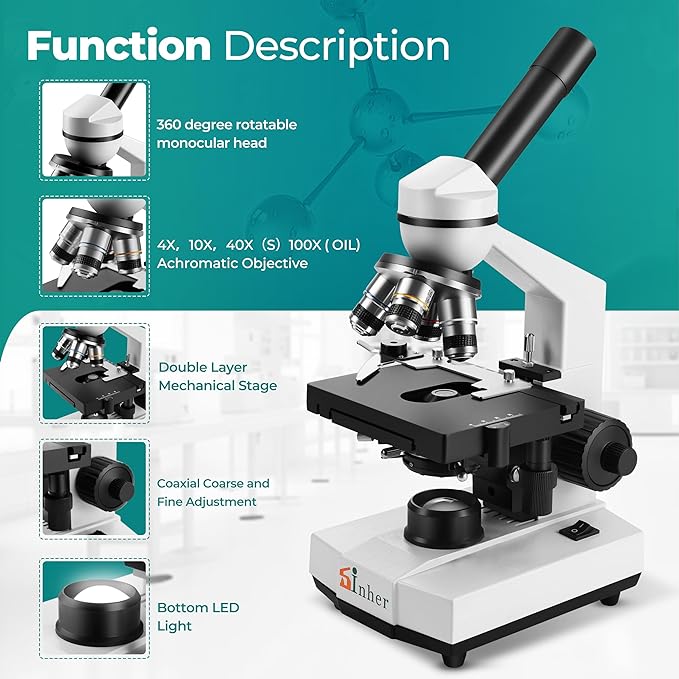 Sinher XSP-104 Profesional Science Compound Monocular Microscopes 40X-1600X for Adults Student Kids 8-12,with Microscope Slides, Microscope Kit for School Lab Home Education