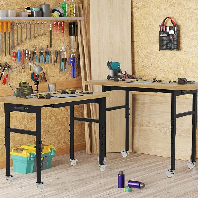 48' Adjustable Solid Wood Workbench with Wheels, Large Load Capacity Rolling Workbench, Heavy Duty Metal Tool Work Bench Table for Garage, Workshop, Office, Home