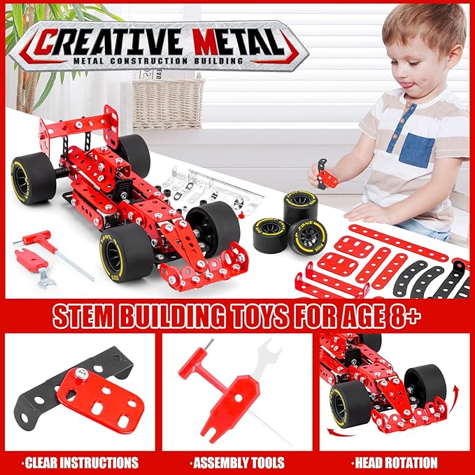 Building Car Metal Model Kits,STEM Building Toys Model Car Kits for Boys 8-12,Erector Sets 1:20 Scale Red Racing Car Metal Building Blocks for Kids Boys 8 9 10 11 12-16 Years Old