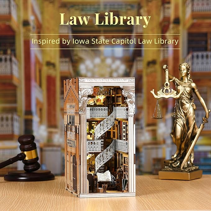 Book Nook Kit, DIY Dollhouse Booknook, Book Nook Miniature Kit for Bookshelf Insert Decor Crafts for Adults Teen Halloween, 3D Wooden Puzzle with Led Light (Law Library)