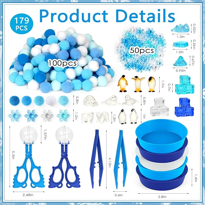 182 Pcs Winter Sensory Bin Items Winter Arctic Animals Counting Sorting Sensory Bin Filler Fine Motor Arctic Habitat Counts for Xmas Counting Decor
