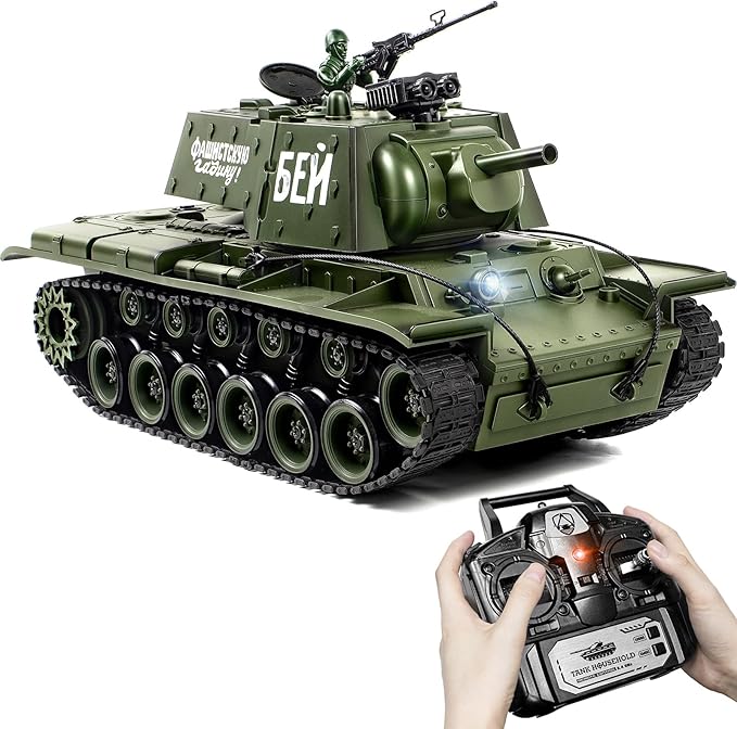 1:18 RC Tank, 2.4Ghz Soviet Union KV1 Remote Control Tank Model Toys, 15 Channel Battle Army Toy with Smoke, Light and Sound, Military RC Vehicle for Adult and Kid that Shoot BBS and Water Bomb