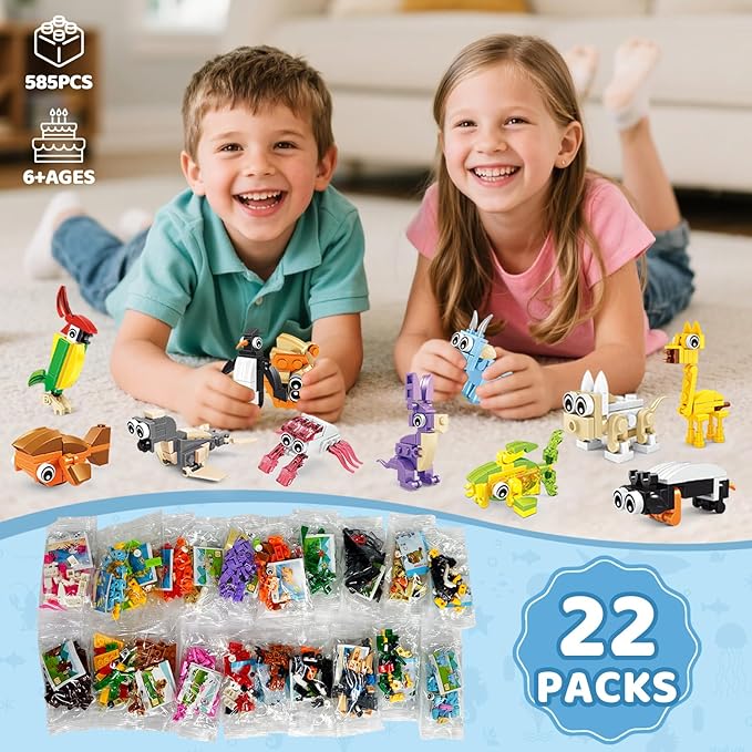 22 Pack Party Favors for Kids – 3-in-1 Animal Building Block Toys, Featuring 66 Designs, Goodie Bag Stuffers, Classroom Rewards, Birthday for Kids Ages 6-12