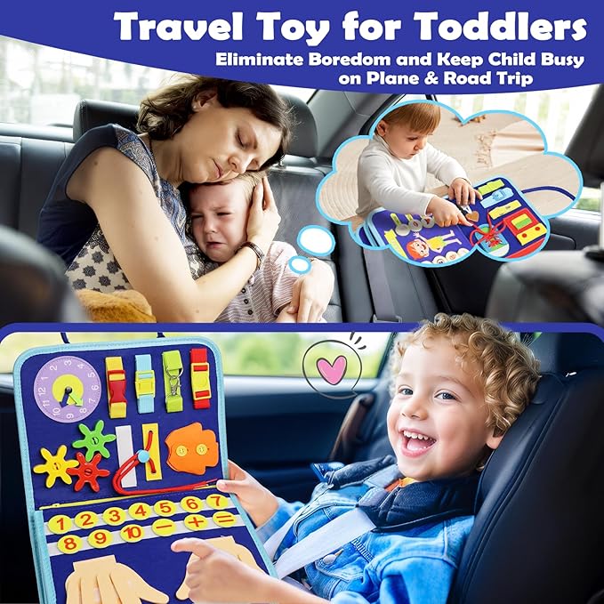 MAJAVI Busy Book for Toddlers 1-3, Montessori Toys Busy Board for 1 2 3 4 Year Old Boy Girl Birthday Gift - 5 in 1 Quiet Activity Book with Life Skills, Cognition, Sorting, Matching, Blue