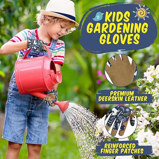 HANDLANDY Kids Genuine Leather Gardening Gloves for ages 3-11, Children Toddler Work Outdoor Playing Gloves for Boys Girls Gift (Small (for age 2-4), Blue)