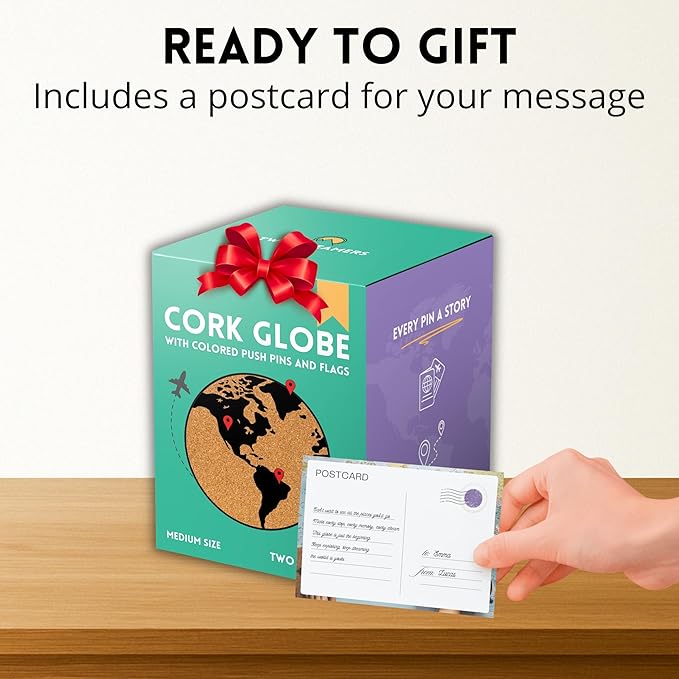 Mini Cork Globe 7.5" Tall | World Travel Map with Metallic & Colored Push Pins | 3D World Map Pin Board for Home or Office | Unique Gift for Travelers, Couples & Families Push Pins Map