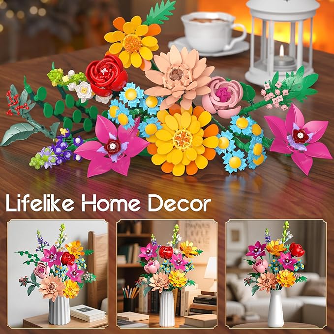 Flowers Bouquet Building Set, 887 Pcs with Flower Artificial Roses for Home Office Decoration, Gift for Mother's Day, Valentine's Day and Kids 6+/Adults Birthday