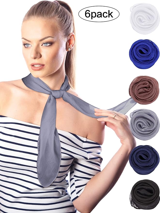 Boao 6 Pieces Chiffon Scarf 1950s Square Neck Head Scarfs Vintage Soft Polyester for Women Lady