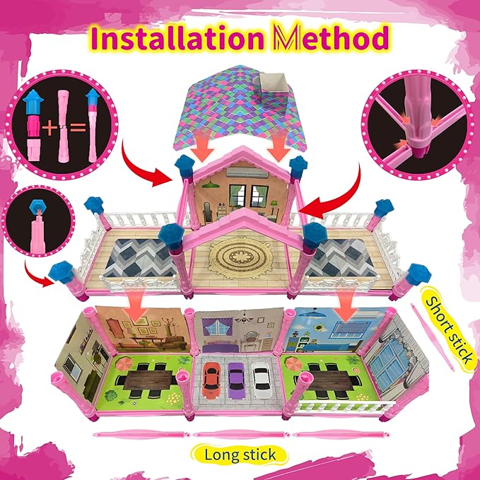 Dollhouse for Girl with 1 Princess, 3 Floors -8 Rooms, 216 Accessories Includes Dog and Furnitures, Design and Build Gift for 3 4 5 6 7 8+ Year Old Girls (Pink)