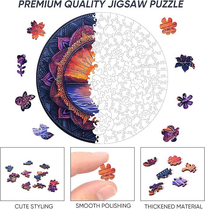 Wooden Puzzles for Adults, Sunset Ocean Jigsaw Puzzles, Magic Nature Art Puzzles 200 Pieces, Irregular Wood Gift for Adults Family Game (11.2 x11.2 in)