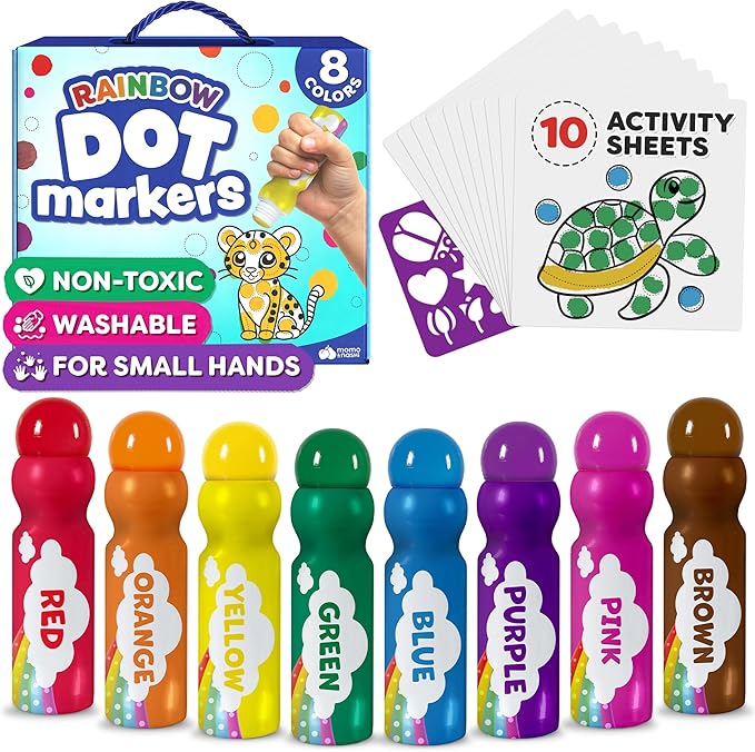 Momo & Nashi Dot Markers for Toddlers 1-3 - Dot Art Paints Washable for Kids with Printed & PDF Coloring Sheets - Toddler Arts and Crafts for Kids Ages 2-4, 2 Year Olds - Bingo Daubers for Toddlers