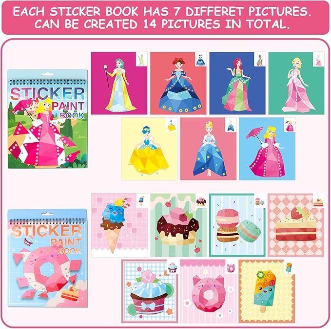 Reusable Sticker Book for Kids Ages 4-8 Princess Stickers and Dessert Stickers Paint by Sticker Kids Boys and Girls Birthday Gifts Party Favor, Travel Activity Book Set for Learning, 2 Pack