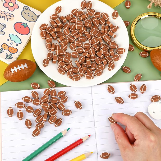 JUNEBRUSHS 150Pcs Sports Ball Mini Erasers, Football Erasers for Kids Bulk Novelty Pencil Erasers for Student Classroom Prizes, Homework Rewards Gifts Party Favors