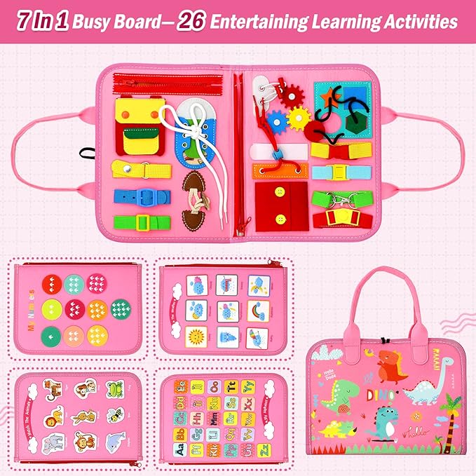 Qizfun Busy Board Montessori Toy for Toddlers, Educational Sensory Learning Toy for Fine Motor Skills, Preschool Travel Toy for Airplane & Car, Gifts for Boys and Girls (Pink/P4)